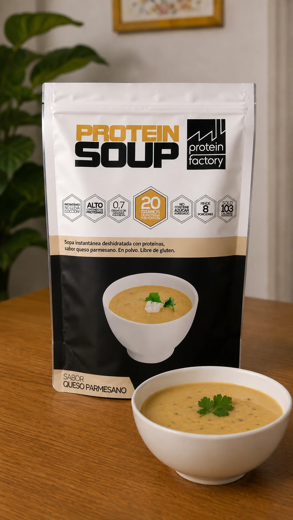 Sopa proteica con queso derretido